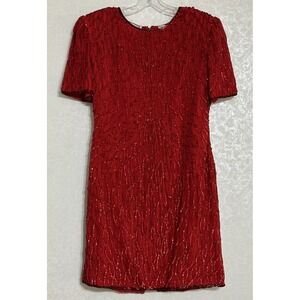 Laurence Kazar VTG 80s Red Sequin Silk Lined Cocktail Dress Knee Length Petite L